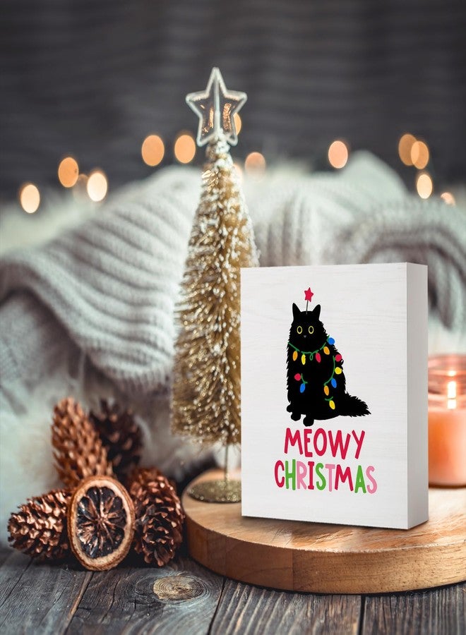 Wheatwin Meowy Christmas Wooden Sign, Cat Christmas Decorations for Bathroom Home Office Indoor Desk Shelf Mantel Table, Cat Gifts for Cat Lovers, 5x5 - Image 4